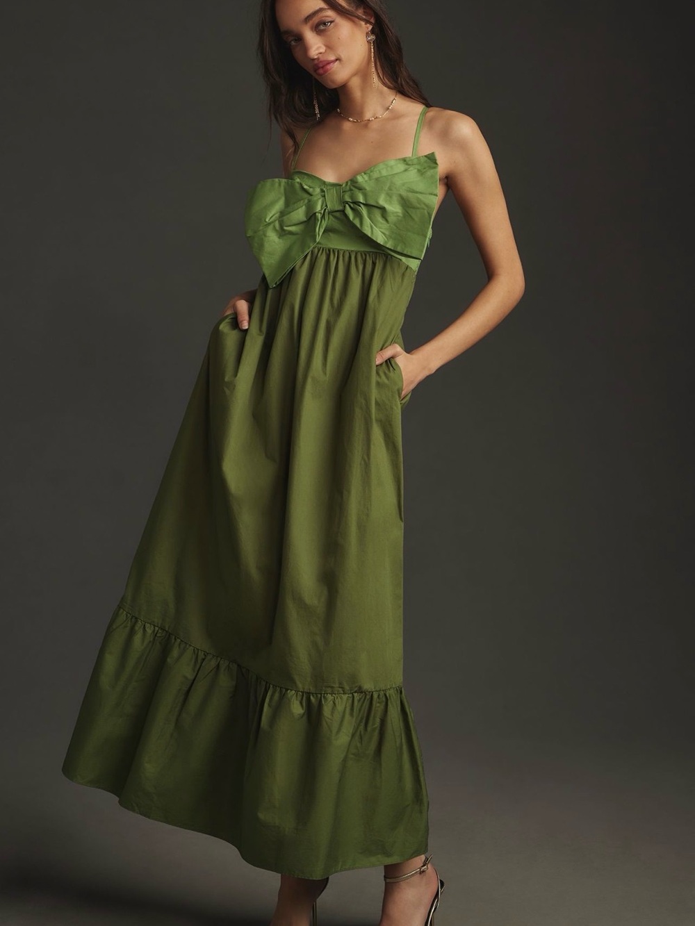 Anthropology Olive Green Bow-Front Maxi Dress
